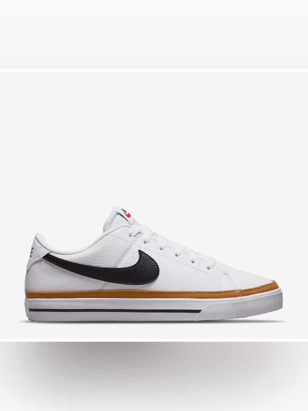 Nike White Court Legacy  with Black Swoosh and Tan Stripe